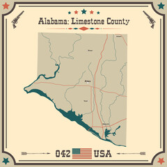 Large and accurate map of Limestone county, Alabama, USA with vintage colors.
