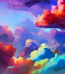 The colorful clouds in the watercolor painting are floating peacefully in the sky. The blue and white mix together beautifully, and the sun is shining brightly behind them.