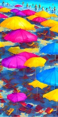 Fototapeta na wymiar The brightly colored umbrellas contrast sharply against the teal blue water. The sun lazily extends fiery oranges and red, turning the sea from a deep sapphire to warmer shades. Nearby, there are peop