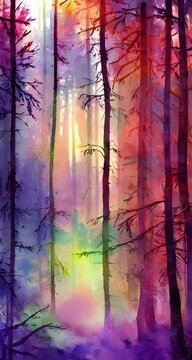 A colorful winter forest watercolor painting depicts a scene of tall evergreen trees in the snow. The sky is a light blue color, and the sun is shining brightly. © dreamyart