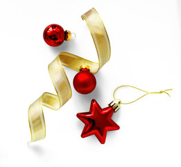 Christmas composition with Isolated Christmas gold ribbon and red christmas tree ball on transparent background. Flat lay, top view - 550626409