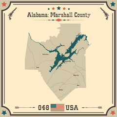 Large and accurate map of Marshall county, Alabama, USA with vintage colors.