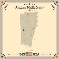 Obraz premium Large and accurate map of Mobile county, Alabama, USA with vintage colors.