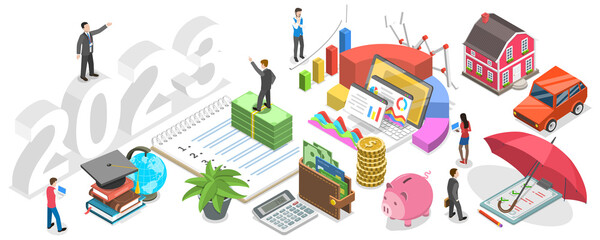 3D Isometric Flat  Conceptual Illustration of Budget For New 2023 Year