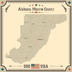 Large and accurate map of Monroe county, Alabama, USA with vintage colors.