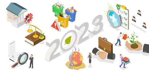3D Isometric Flat  Conceptual Illustration of New Year 2023 And ESG Trends