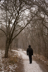 A man with a backpack walks along the alley in the park in winter