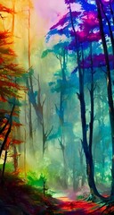 The watercolor is a pool of colors, blues and greens mostly. The trees in the forest are done in varying shades of green, from almost yellow-green to deep hunter's green. There is a hint of blue sky a