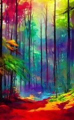 Fototapeta na wymiar A colorful forest watercolor painting is on display. It is full of different shades of green, blue, and brown. The leaves are allindividualized and the trees seem to go on forever. The light shines th