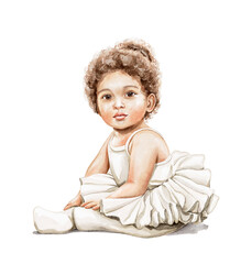 Watercolor imaginary character cute little african american girl ballerina with curly hair in dancing tutu sitting on the floor isolated on white background. Hand drawn illustration sketch - obrazy, fototapety, plakaty