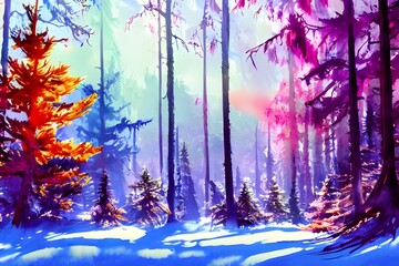 A winter forest watercolor is a painting composed of colorful brush strokes. The snow-covered trees and ground are visible in the background, while the foreground is filled with different shades of bl