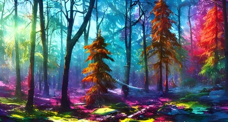 I am looking at a beautiful watercolor of a winter forest. The colors are very vibrant, and I can see different shades of green, blue, and white. The scene is peaceful and serene, and I feel like I