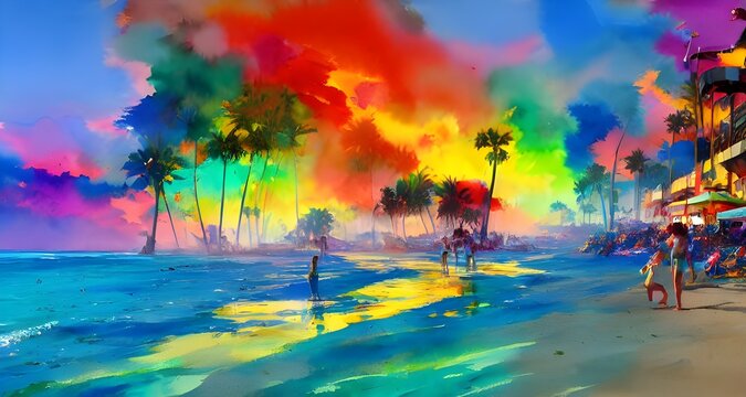 The water is a deep blue, almost purple in some areas. The sky is a bright orange, just like the sun that's setting behind the mountains. streaks of red and pink mix in with the orange to create a bea