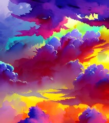 A canvas of blue sky is dotted with white, puffy clouds. They're so fluffy, it looks like you could reach up and grab one. Dabs of pink and purple paint bring the scene to life, adding a touch