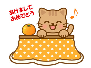 炬燵とかわいい笑顔の茶トラ猫のイラスト＿ベクター