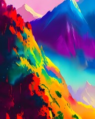 A colorful watercolor painting of mountains. The sky is a deep blue, and the clouds are white and fluffy. The sun is shining on the peaks of the mountains, making them glow.