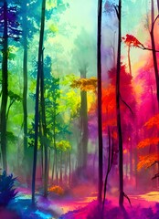 The colors in the forest watercolor are so bright and vibrant that they almost jump off of the page. The artist has expertly captured the beauty of nature, from the tall trees to the shining sun peeki