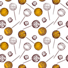 Seamless pattern with candy on a stick illustration in vintage engraved style. Hand drawn candy on a stick. Background with dessert, sweets, menu design, restaurant, shop for textiles, interior