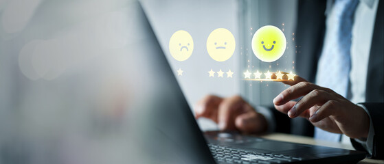 Businessmen choose to rating score happy icons.5 atars. Customer service experience and business...