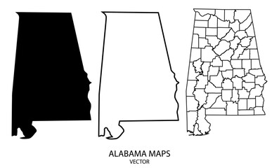 Alabama State Map black blank and outline state USA. Vector Illustration. - obrazy, fototapety, plakaty