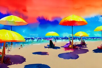 The sun is shining brightly and the waves are crashing onto the shore. The umbrellas are a variety of colors, including blue, green, yellow, and pink.