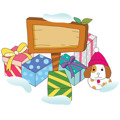 a pile of gifts and snow-covered signs
- 550628034