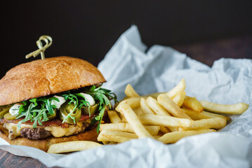 creative burger on the wooden background