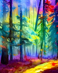 I'm looking at a beautiful watercolor painting of a winter forest. The trees are different shades of green, blue, and purple, and the snow is a light pink color. There is a small stream running throug