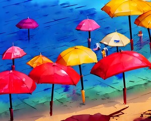 Obraz premium The umbrellas are brightly colored and stand out against the water. They look like they're swaying in the breeze, and the paintbrush strokes give them a soft, dreamy quality.