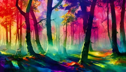 Fototapeta na wymiar A burst of colors fills the sky as if a rainbow has collided with the sun. The forest is alive with different hues, all dancing together in harmony. Each leaf, each blade of grass feels like its own l