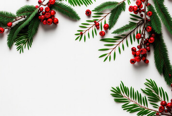 Obraz na płótnie Canvas Christmas flat lay with room for text. Pine, berries, white background, 4k size