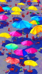 Fototapeta na wymiar The sun blazes down on the crowded beach, turning the sand to gold. Nearby, brightly colored umbrellas provide patches of shade for holidaymakers. Watercolor-style brushstrokes give the whole scene a 