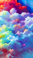 I am looking at a beautiful watercolor painting of colorful clouds. The sky is very blue, and the clouds are white and fluffy. Some of the clouds are pink and purple, and they look like cotton candy.