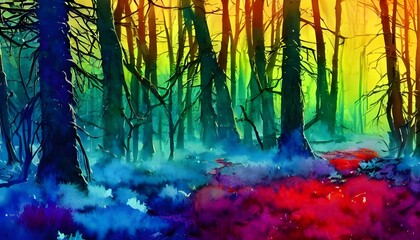 Fototapeta premium A beautiful, colorful winter forest watercolor. The trees are a deep green, the snow is a pristine white, and the sky is a bright blue. It's a cold day, but the sun is shining and the scenery is