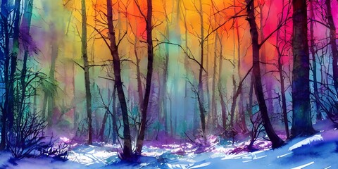 The forest is alive with color; the trees are like sentinels, guarding the secrets of the winter woods. The watercolor painting captures the scene perfectly, from the delicate snowflakes to the bold s