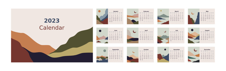 2023 calendar with abstract style. Abstract 2023 calendar design. Mountain calendar planner minimal style. 2023 calendar with boho style.