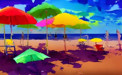 I see a beautiful watercolor painting of colorful beach umbrellas. The colors are so bright and cheerful, it makes me feel happy just looking at it.