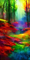 Fototapeta na wymiar This is a beautiful watercolor painting of a colorful forest. The leaves on the trees are yellow, green, and red, and the sunlight is shining through them. There is a small stream in the center of the