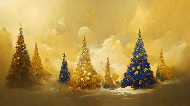 blue and gold christmas trees forest on golden background christmas card with ornaments, decorations. Golden and teal painted shiny and bright season greetings background