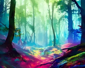 I am looking at a beautiful watercolor painting of a forest. The trees are different shades of green, and there is a blue river running through the middle. The sky is orange and pink, as if it is suns