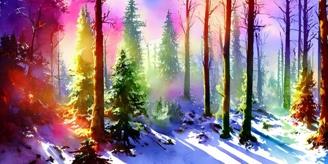 In this painting, a colorful winter forest is depicted in watercolor. The trees are various shades of green and yellow, while the ground is covered in a layer of soft white snow. A warm orange sun can