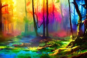 I am looking at a beautiful forest watercolor painting. The colors are so bright and vibrant, they almost seem to jump off the page. I can see every little detail in this painting, from the leaves on 