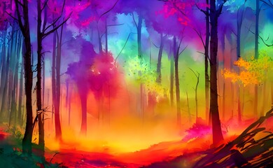 Fototapeta na wymiar The Colorful forest watercolor is a beautiful painting with many colors. The artist used different shades of greens, blues, and purples to create the trees in the forest. The sunlight shining through 
