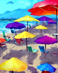 The sun is shining bright and the waves are crashing onto the shore. The beach umbrellas are a colorful addition to the scene, and they look like they're having fun in the water.