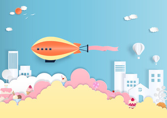 Naklejka na ściany i meble Bakery with airship and cloud paper art background