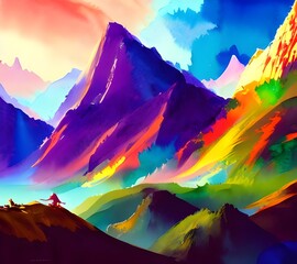 The bright colours in this watercolour painting are so beautiful and they make the mountains look so majestic. The way the painter has captured the light shining on the water is just stunning.