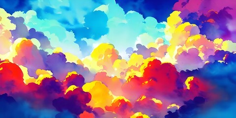 The multicolored clouds look like they were paintbrushstrokes in a watercolor painting. The sky is a bright blue, and the fluffy clouds are white, pink, and purple.