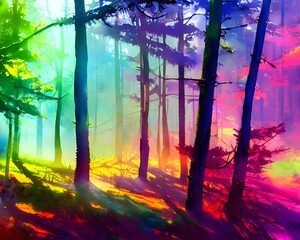 Naklejka premium A bevy of colorful trees sway in the forest, their leaves rustling ever so slightly in the gentle autumn breeze. Above them, a coating of orange and red hues spread out like a blanket, signaling the i