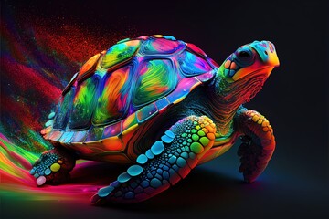 Digital illustration of an abstract big turtle shining in rainbow colors, infinite turbulence, fluorescent red colours comforting and relaxing design.