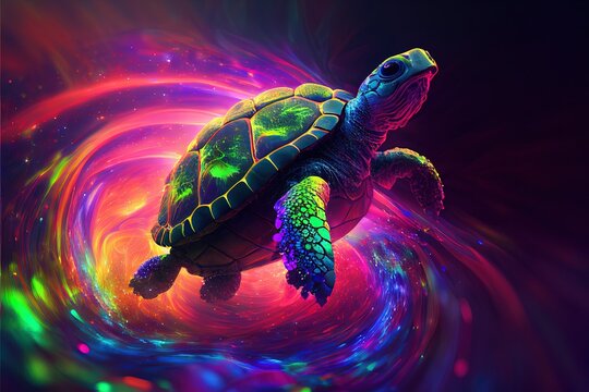 Digital illustration of an abstract big turtle shining in rainbow colors, infinite turbulence, fluorescent red colours comforting and relaxing design.
